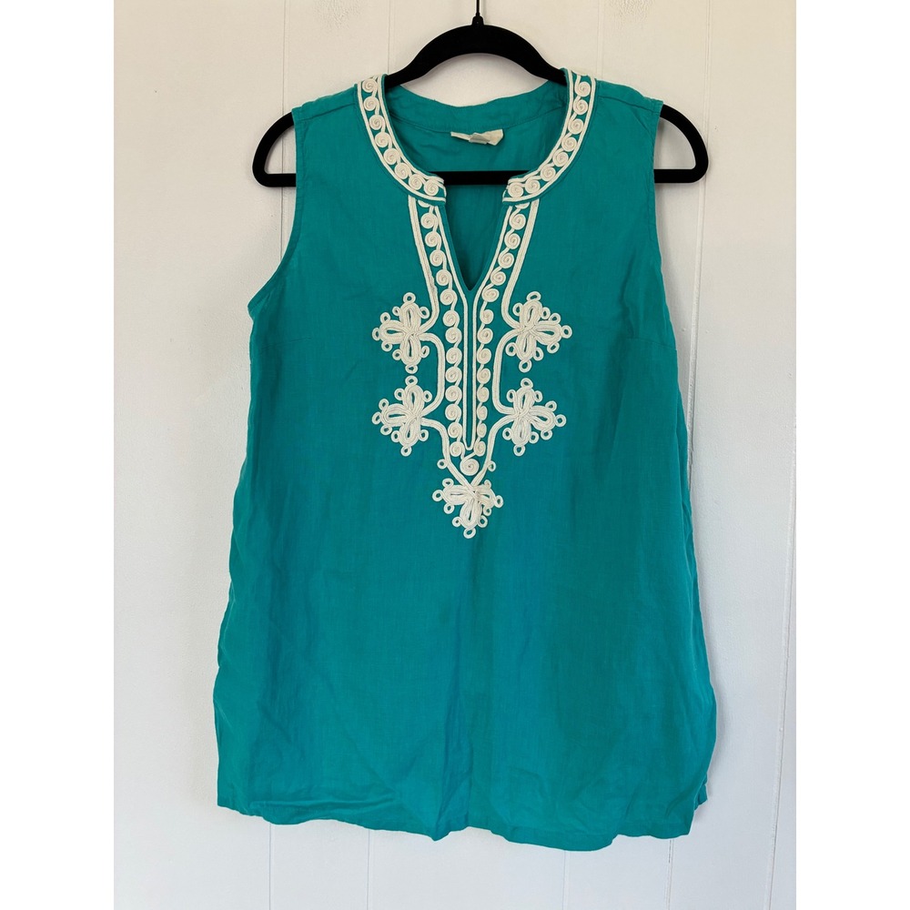 Charter Club Luxury Teal Linen Sleeveless Tunic Top White Soutache Embroidery M‎